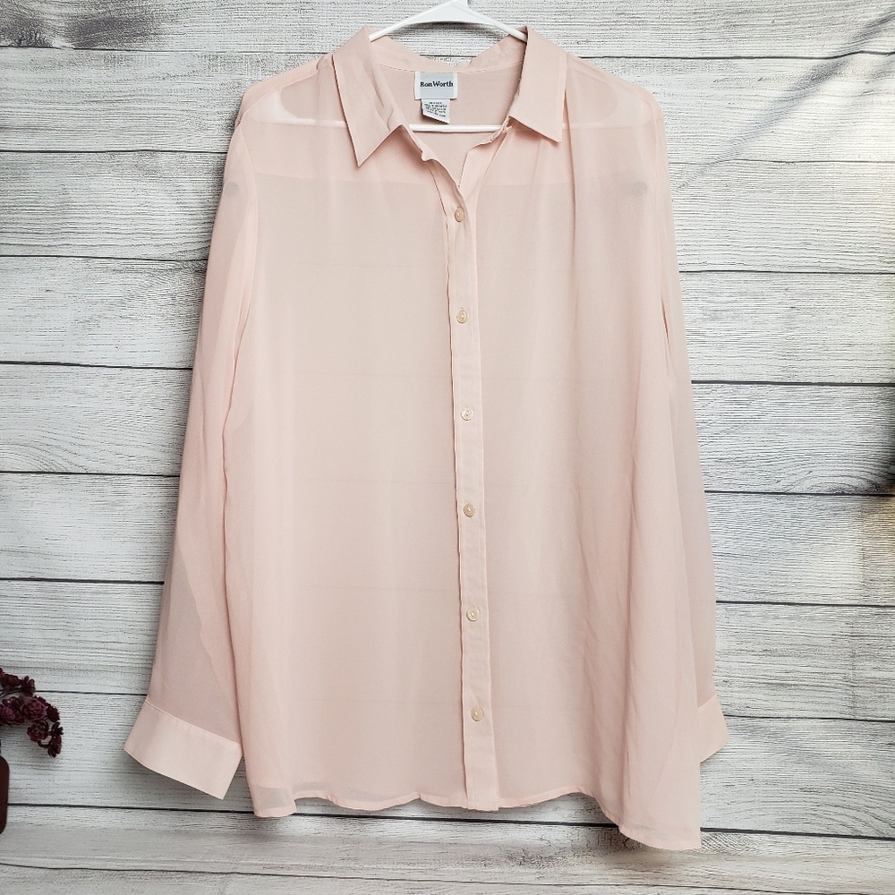 BonWorth Womens Sheer Button Down Chiffon‎ Tunic Large